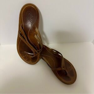 Olukai "U'i" Sahara Brown Leather Double Strap Sandal Flip Flops Women's Sz 7